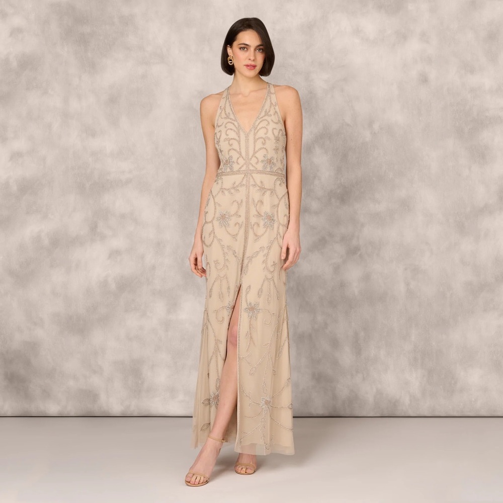 Flourish Beaded Halter Gown With Open Back In Biscotti